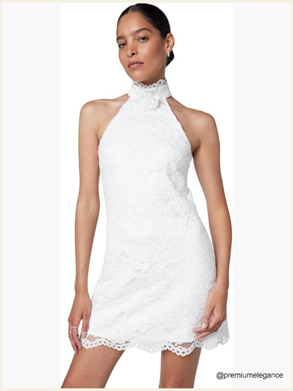 Lace Halter Cocktail Dress with Rosette Detail, High Waist, Above Knee